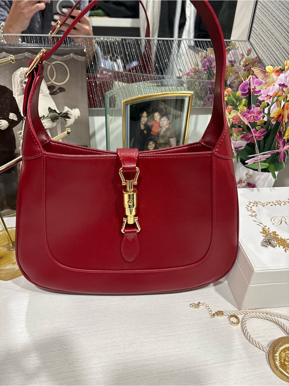 Shoulder Bag in Red Leather with Gold Hardware